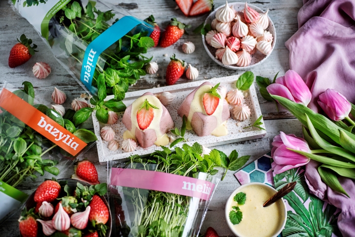 Panna cotta truskawkowa z bazylią i angielskim sosem z melisą